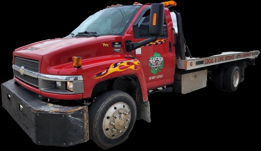 Lucky 7 red Chevrolet flatbed tow truck with flame detailing